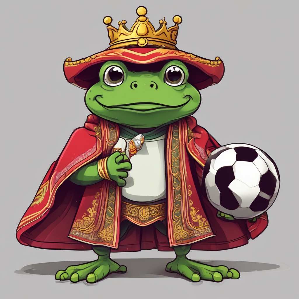 Cartoon frog in a royal robe with a football